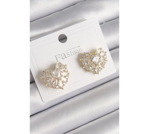 Pirinç Gold Renk Zirkon Taşlı Kalp Model Kadın Küpe