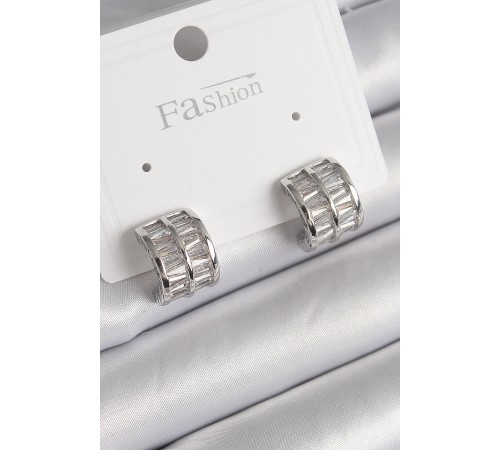 Pirinç Gümüş Renk Çift Sıra Zirkon Taşlı Kadın Küpe