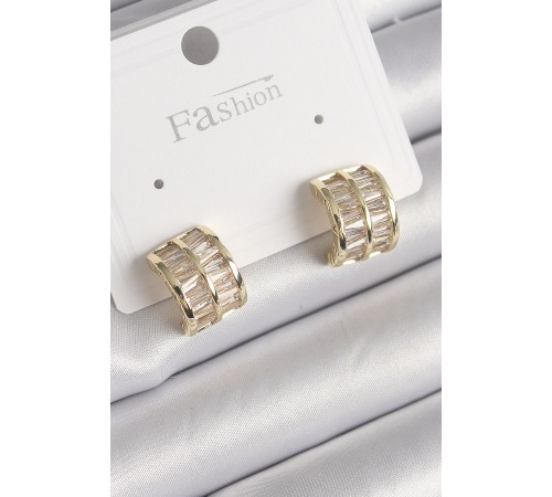 Pirinç Gold Renk Çift Sıra Zirkon Taşlı Kadın Küpe