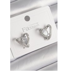 Pirinç Gümüş Renk Zirkon Taşlı Kalp Model Kadın Küpe