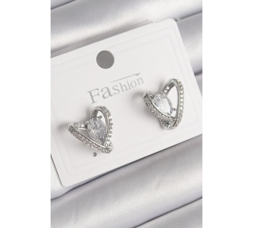 Pirinç Gümüş Renk Zirkon Taşlı Kalp Model Kadın Küpe