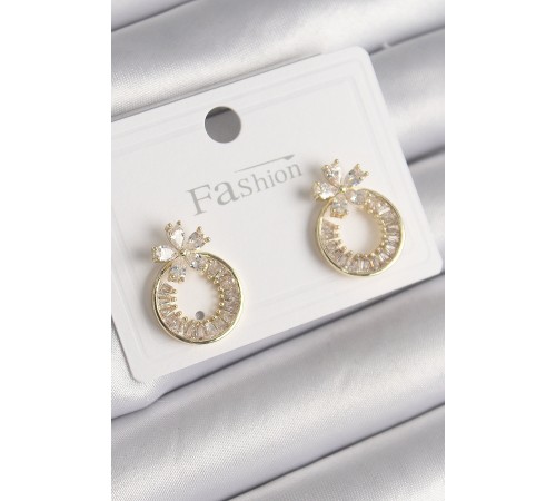 Pirinç Gold Renk Zirkon Taşlı Halka Model Çiçek Figür Kadın Küpe