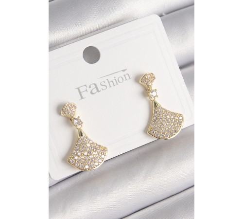Pirinç Gold Renk Zirkon Taşlı Motif Model Kadın Küpe