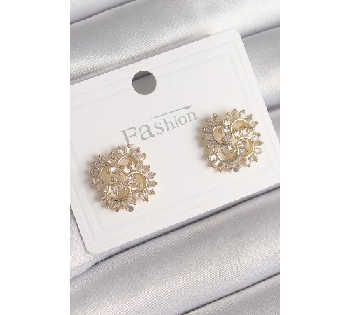 Pirinç Gold Renk Zirkon Taşlı Yonca Model Kadın Küpe