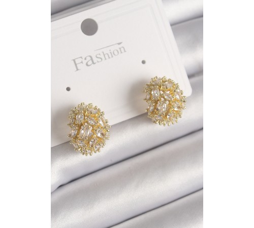 Pirinç Gold Renk Zirkon Taşlı Kadın Küpe