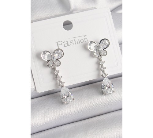 Pirinç Gümüş Renk Kelebek Model Sallantı Damla Zirkon Taşlı Kadın Küpe