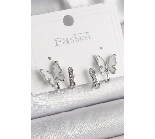 Pirinç Gümüş Renk Zirkon Taş Detaylı Beyaz Sedefli Kelebek Model Kadın Küpe