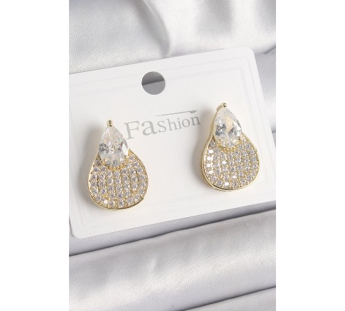 Pirinç Gold Renk Zirkon Taşlı Damla Model Kadın Küpe