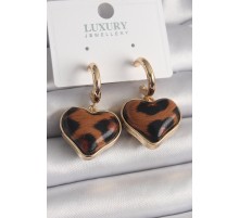 Pirinç Gold Renk 3D Kalp Leopar Desen Model Kadın Küpe