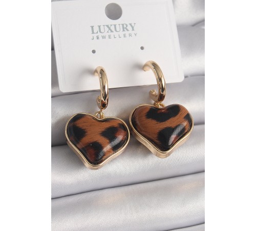 Pirinç Gold Renk 3D Kalp Leopar Desen Model Kadın Küpe