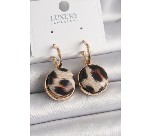 Pirinç Gold Renk Leopar Desenli Daire Model Kadın Küpe
