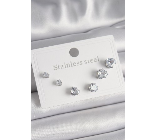 316L Çelik Gümüş Renk Zirkon Taşlı Kalp Model Kadın Küpe Seti