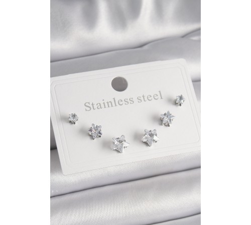 316L Çelik Gümüş Renk Zirkon Taşlı Yıldız Model Kadın Küpe Seti
