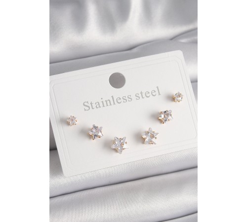 316L Çelik Gold Renk Zirkon Taşlı Yıldız Model Kadın Küpe Seti