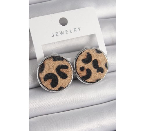 Pirinç Gümüş Renk Daire Plaka Model Leopar Desenli Kadın Küpe