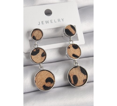 Pirinç Gümüş Renk 3'Lü Daire Plaka Leopar Desenli Kadın Küpe