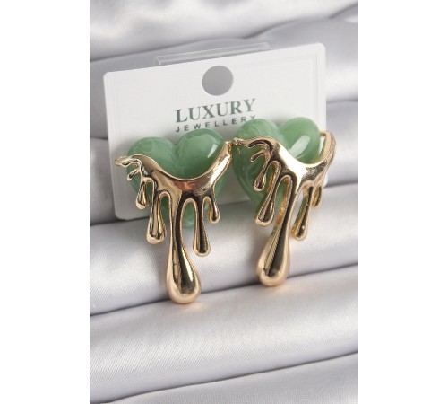 Pirinç Gold Renk Yeşil Sedefli Akan Kalp Model Kadın Küpe