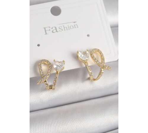 Pirinç Gold Renk Düğüm Model Zirkon Taşlı Kalp Detay Kadın Küpe