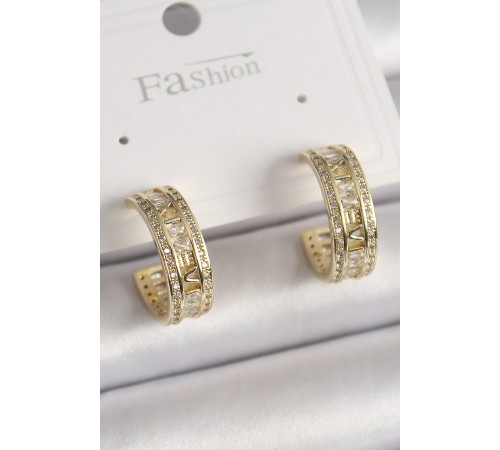 Pirinç Gold Renk Zirkon Taşlı İşleme Detay Halka Model Kadın Küpe