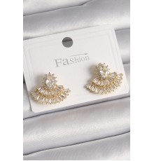 Pirinç Gold Renk Zirkon Taşlı Yelpaze Model Kadın Küpe