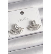 Pirinç Gümüş Renk Zirkon Taşlı Yelpaze Model Kadın Küpe