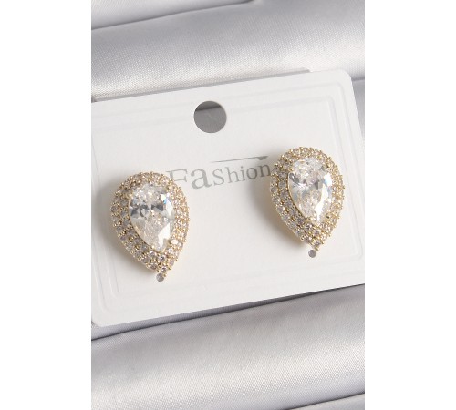 Pirinç Gold Renk Zirkon Taşlı Damla Model Kadın Küpe