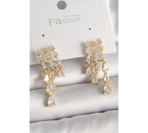 Pirinç Gold Renk Zirkon Taşlı Yağmur Model Kadın Küpe