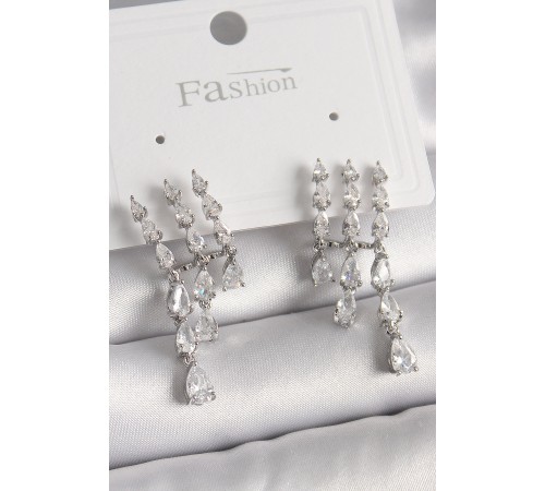 Pirinç Gümüş Renk Zirkon Taşlı Yağmur Model Kadın Küpe