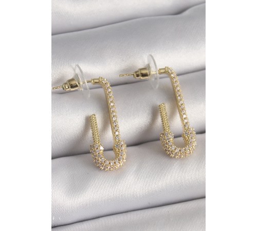 Pirinç Gold Renk Zirkon Taşlı Çengelli İğne Model Kadın Küpe