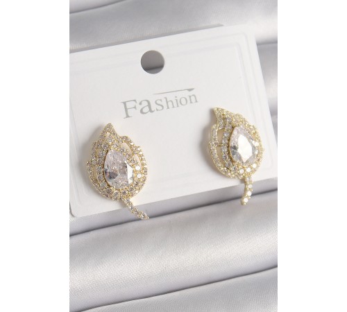 Pirinç Gold Renk Zirkon Taşlı Yaprak Model Kadın Küpe