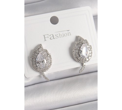 Pirinç Gümüş Renk Zirkon Taşlı Yaprak Model Kadın Küpe