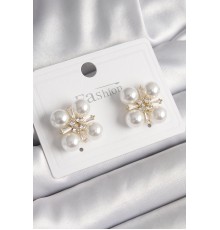 Pirinç Gold Renk Zirkon Taşlı İncili Kadın Küpe