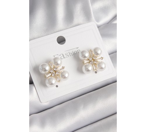 Pirinç Gold Renk Zirkon Taşlı İncili Kadın Küpe