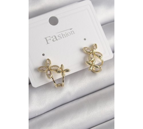 Pirinç Gold Renk Zirkon Taşlı 2'Li Çiçek Model Kadın Küpe