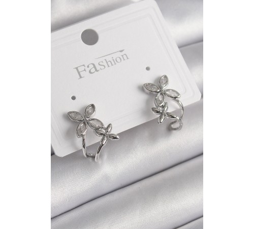 Pirinç Gümüş Renk Zirkon Taşlı 2'Li Çiçek Model Kadın Küpe