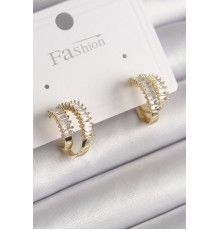 Pirinç Gold Renk 2'Li Zirkon Taşlı Halka Model Kadın Küpe