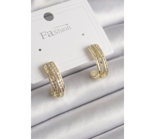 Pirinç Gold Renk Zirkon Taşlı Yarım Halka Model Kadın Küpe