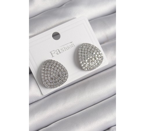 Pirinç Gümüş Renk Zirkon Taşlı Plaka Model Kadın Küpe