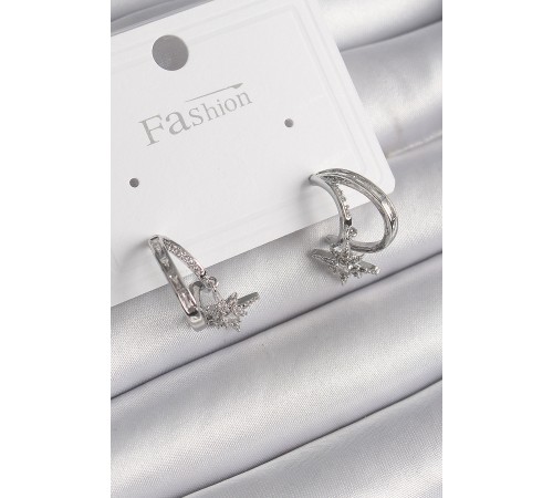 Pirinç Gümüş Renk Zirkon Taşlı Halka Model Sallantı Yıldız Detay Kadın Küpe