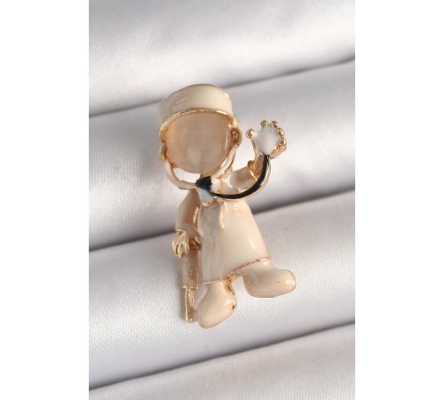 Pirinç Gold Renk Beyaz Mineli Doktor Model Kadın Broş