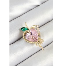 Pembe Ve Yeşil Zirkon Taşlı 3D Eriyen Kalp Figürlü Gold Renk Kadın Broş