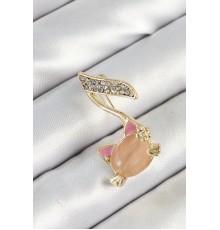 Zirkon Taşlı 3D Kedi Detaylı Nota Figürlü Gold Renk Kadın Broş