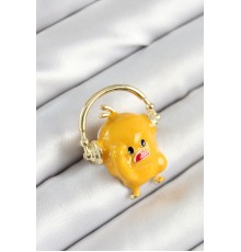 3D Kulaklıklı Sarı Civciv Figürlü Gold Renk Kadın Broş