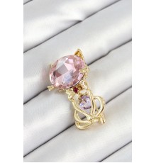 Pembe Zirkon Taşlı Kap Detaylı Kedi Figürlü Gold Renk Kadın Broş