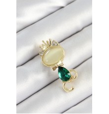 Yeşil Damla Zirkon Taşlı Kraliçe Taçlı Kedi Figürlü Gold Renk Kadın Broş