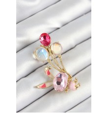 Zirkon Taşlı  Balonlu Pembe Tavşan Figürlü Gold Renk Kadın Broş
