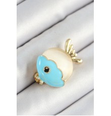 Mineli Turkuaz Ve Krem Balık Figürlü Gold Renk Kadın Broş