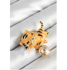 Zirkon Taşlı Siyah Çizgili Turuncu Kaplan Figürlü Gold Renk Kadın Broş