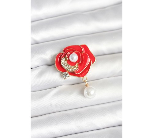 Kırmızı Gül İncili Model Broş