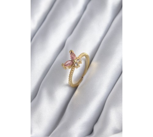 Gold Renk Pembe Zirkon Taşlı Kelebek Model Kadın Yüzük